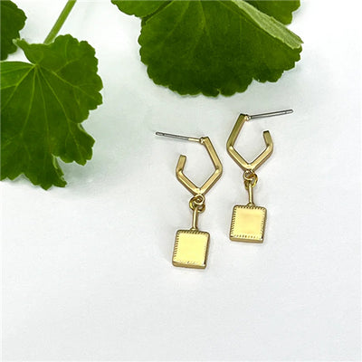 Solid Gold Square Pendant on Angled Hoop Stud Earring
