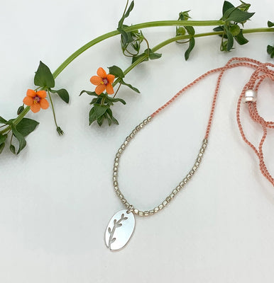 Pink Thread With Fine Silver Beads + Oval Grasses Pendant Necklace