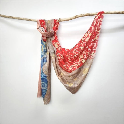 Wool Bamboo Scarf Red Blue Abstract