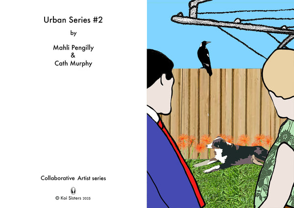 Koi Sisters Card - Urban 2, couple, dog, magpie on fence