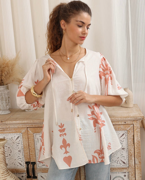 Linen/Viscose Balloon Sleeve Top Beige Print