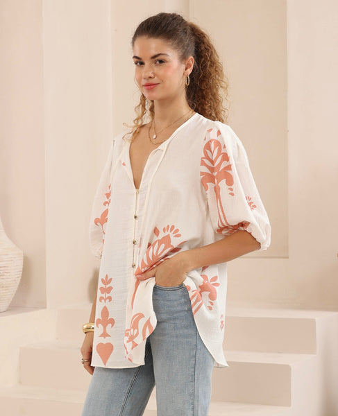 Linen/Viscose Balloon Sleeve Top Beige Print