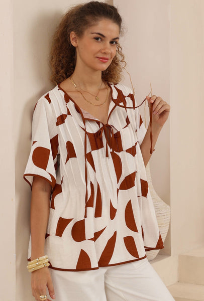 Top - White/Brown Print
