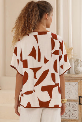 Top - White/Brown Print