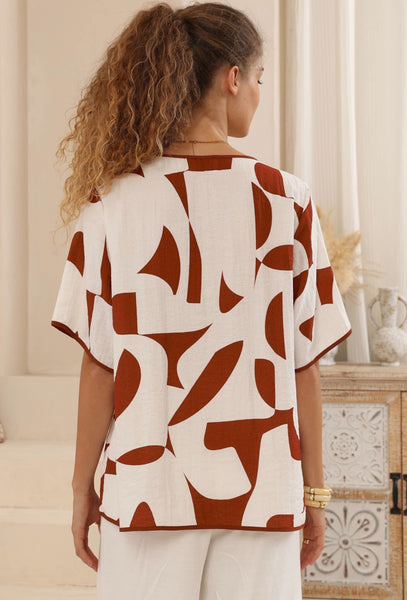 Top - White/Brown Print