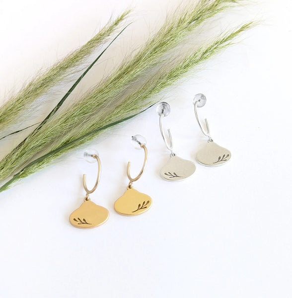 Silver Leaf Oval & Short Silver Hoop Stud Earrings