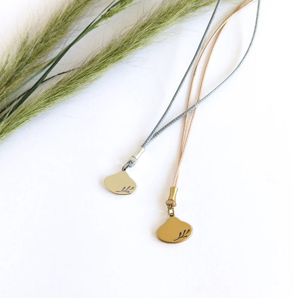 Silver Leaf Oval & Gold Bone Beads On Grey Cord Necklace