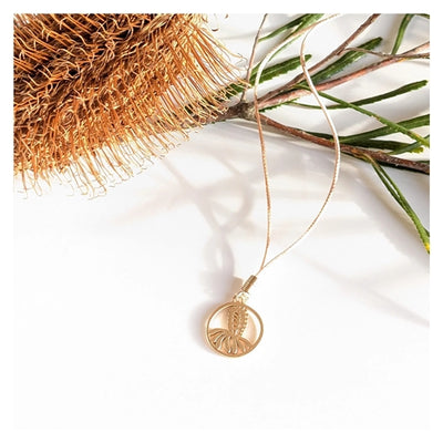 Gold Circle Banksia & Gold Collar Bead on Tan Cord Drop Necklace