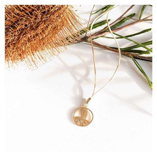 Gold Circle Banksia & Gold Collar Bead on Tan Cord Drop Necklace