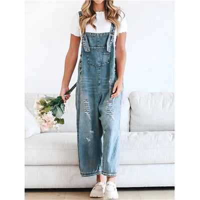 Back Slit Distressed Denim Overalls Dress Light Blue