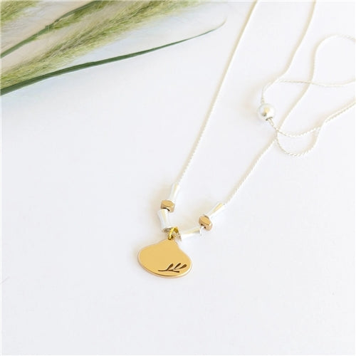 Gold Leaf Oval & Silver Bone Beads On Silver Chain Necklace