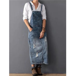 Loose Fit Distressed Denim Overalls Medium Blue