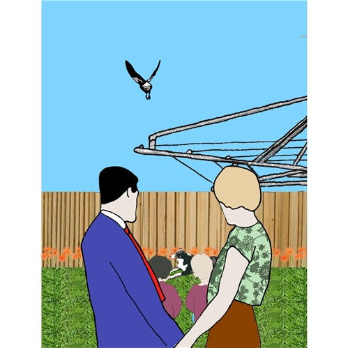 Koi Sisters Card - Urban 7, couple, kids, dog, magpie flying