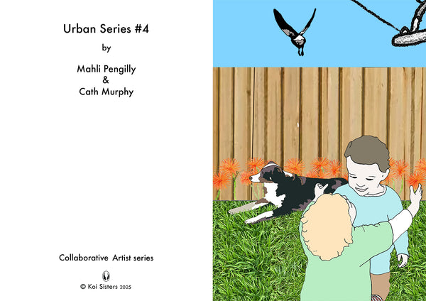 Koi Sisters Card - Urban 4, toddlers hugging, dog, magpie flying