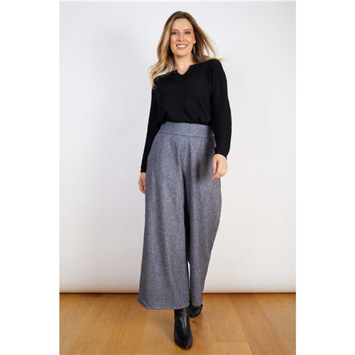 Wool Mix Pant Blue Melange Wide Leg