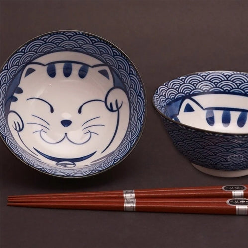 Seikaiha Cat 2 Bowl Set with Chopsticks