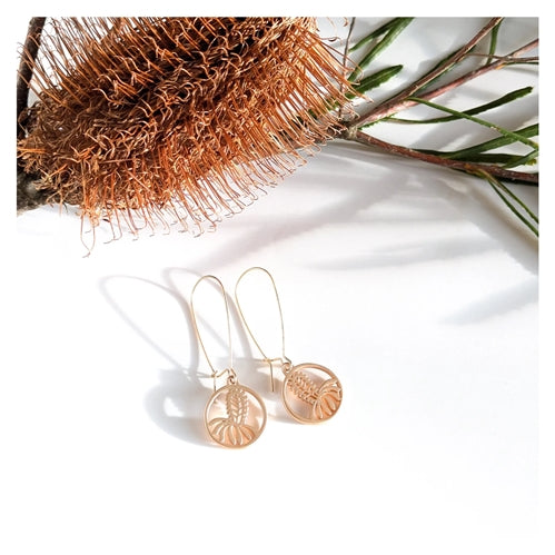 Gold Circle Banksia & Catch Back Hook Earrings