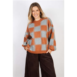 Wool Acrylic Knit Grey Rust Squares