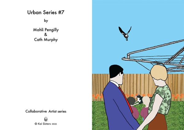 Koi Sisters Card - Urban 7, couple, kids, dog, magpie flying