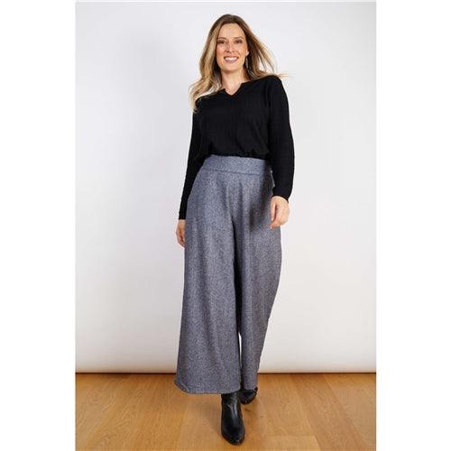 Wool Mix Pant Blue Melange Wide Leg
