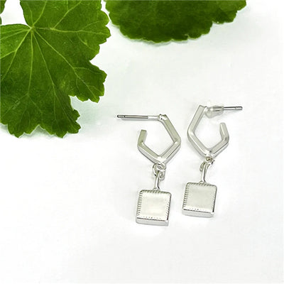 Solid Silver Square Pendant on Angled Hoop Stud Earring