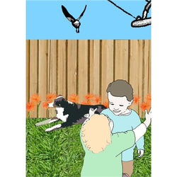 Koi Sisters Card - Urban 4, toddlers hugging, dog, magpie flying