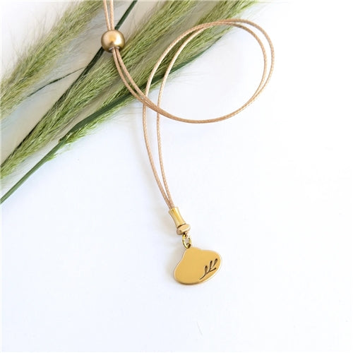 Gold Leaf Oval + Gold Bone Bead Tan Cord Necklace