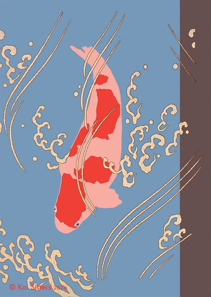 Koi Sisters - Pink Koi in blue water Portrait - A3 print