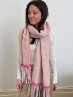 Two Tone Stripe Fringe Scarf Pink