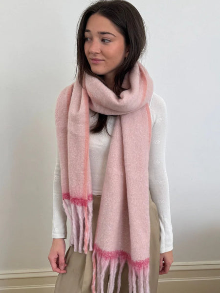 Two Tone Stripe Fringe Scarf Pink