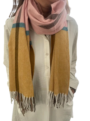 Multi Col Soft Fringe Scarf Mustard/Pink