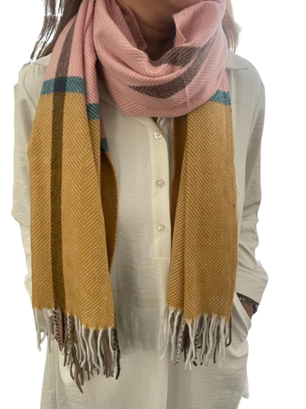 Multi Col Soft Fringe Scarf Mustard/Pink