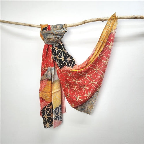 Wool Bamboo Scarf Red Black Gold