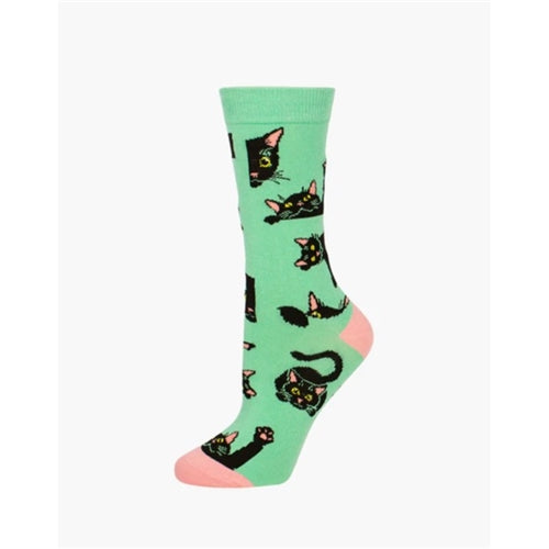 Bamboozld  Sock -  Womens Black Cat Size 2 - 8 Green Lime
