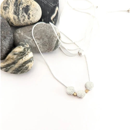 Triple Small Silver Dots & Tiny Square Gold Beads On Chain Necklace