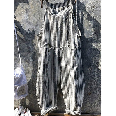 Women's Striped Wide Leg Overalls Gray