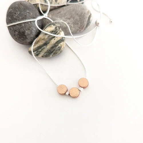 Triple Small Rose Gold Dots & Tiny Square Silver Beads On Chain Necklace