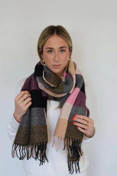 Crinkle Block Fringe Scarf Pink/Camel
