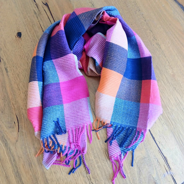 Multi Checkers Crinkle Scarf Pink/Grey