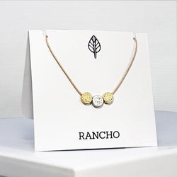 Triple Dot Necklace Gold Silver Gold on Tan Cord