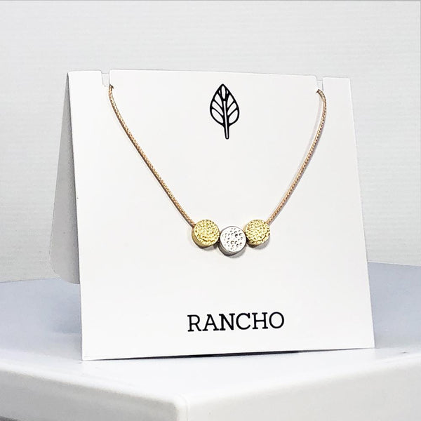 Triple Dot Necklace Gold Silver Gold on Tan Cord