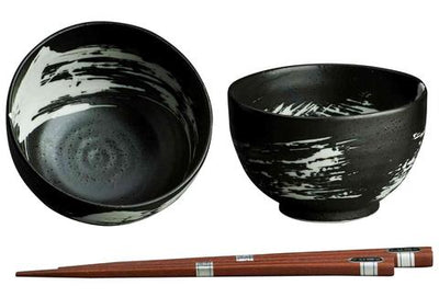 2 Bowl Set black with white brush stroke