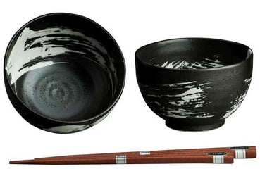 2 Bowl Set black with white brush stroke