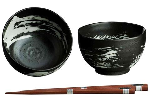 2 Bowl Set black with white brush stroke